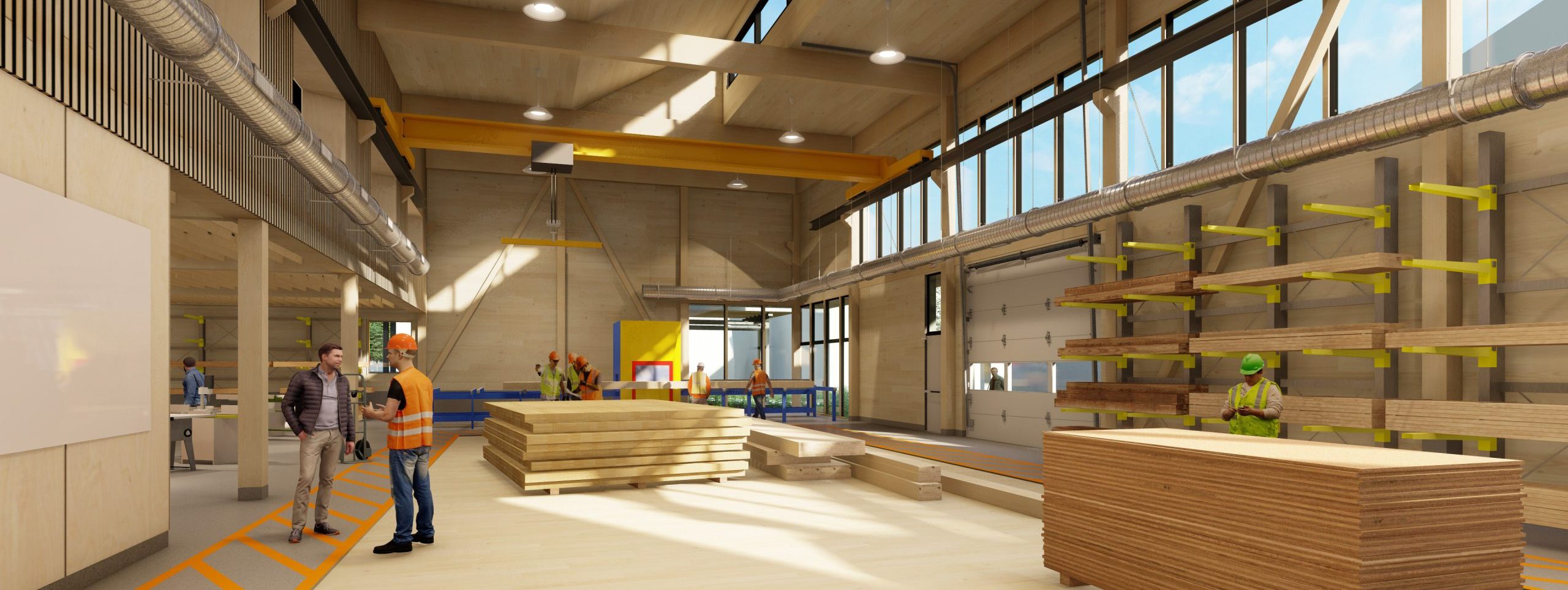 Rendering of the interior of the BCIT Robert Bosa Carpentry building.