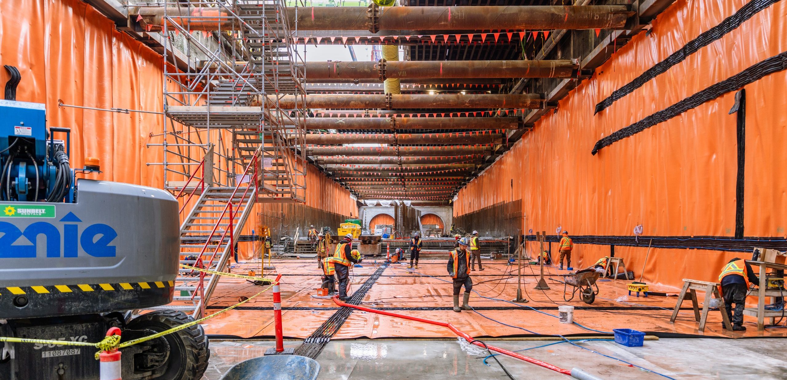 A subway station Contruction site tunnel.